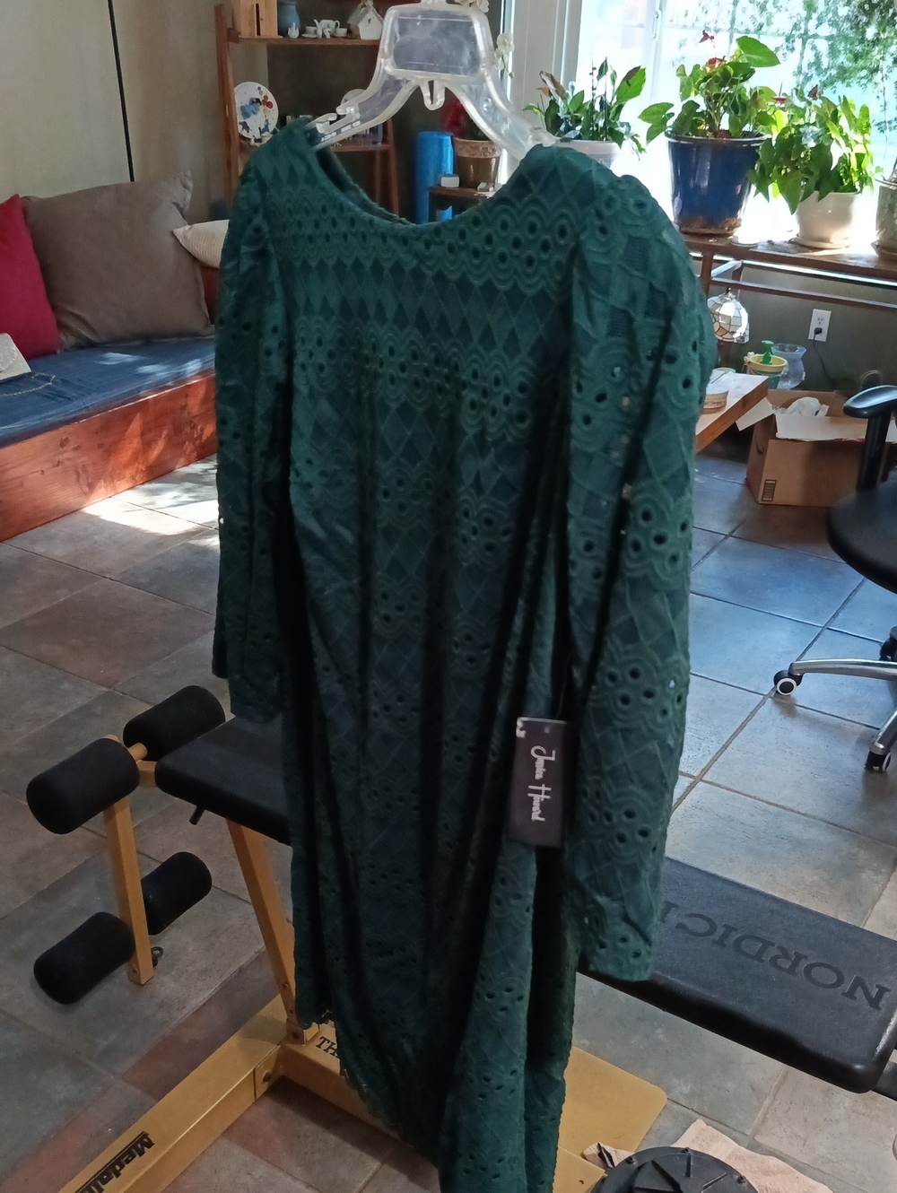 Joan Vass Dark Green Eyelet Lace Long-Sleeve Dress